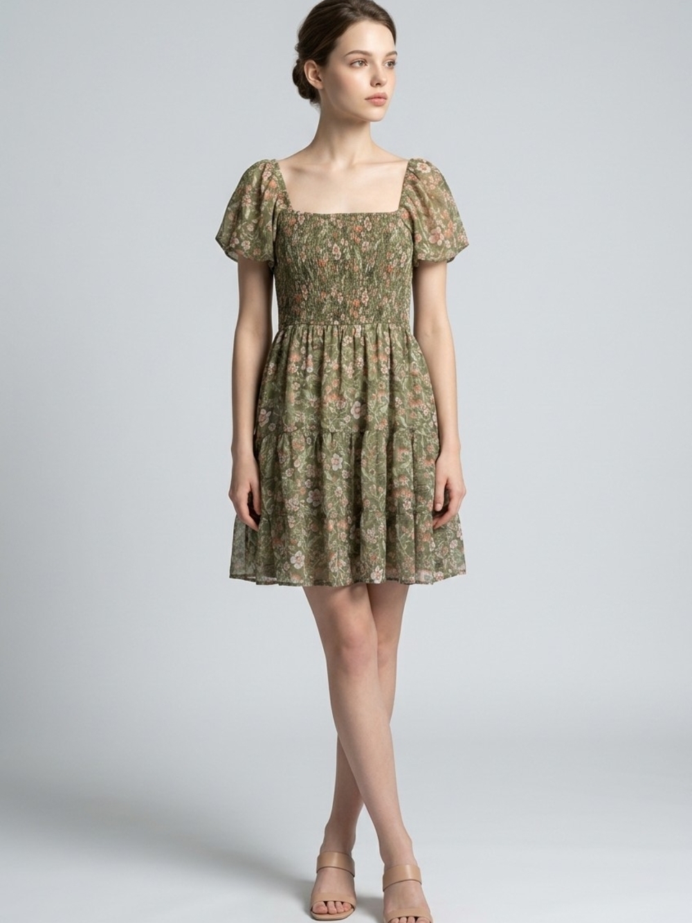 Rewind Olive Floral Smocked Square-Neck Mini Dress